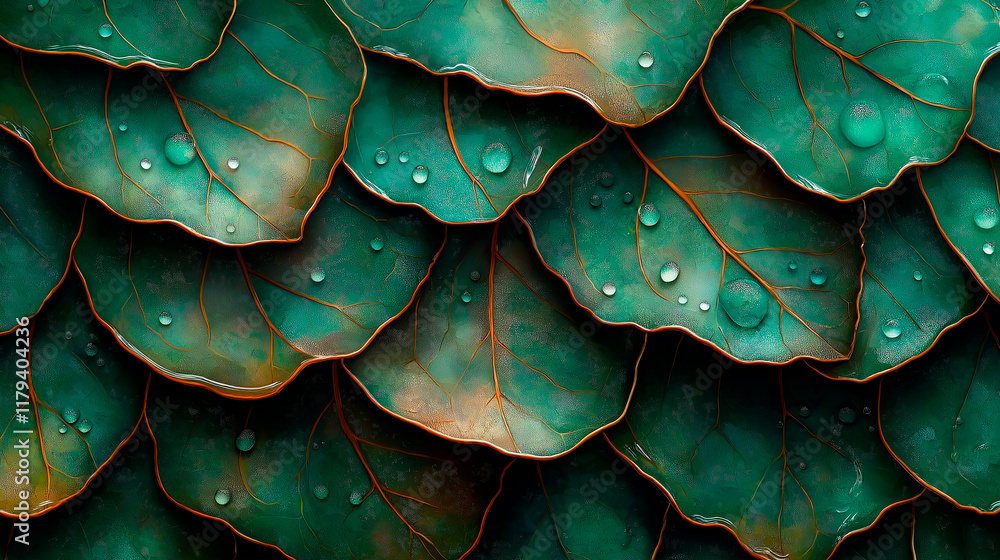 Fototapeta premium A magnified leaf texture, detailed veins and gradients in shades of green, dewdrops glistening.