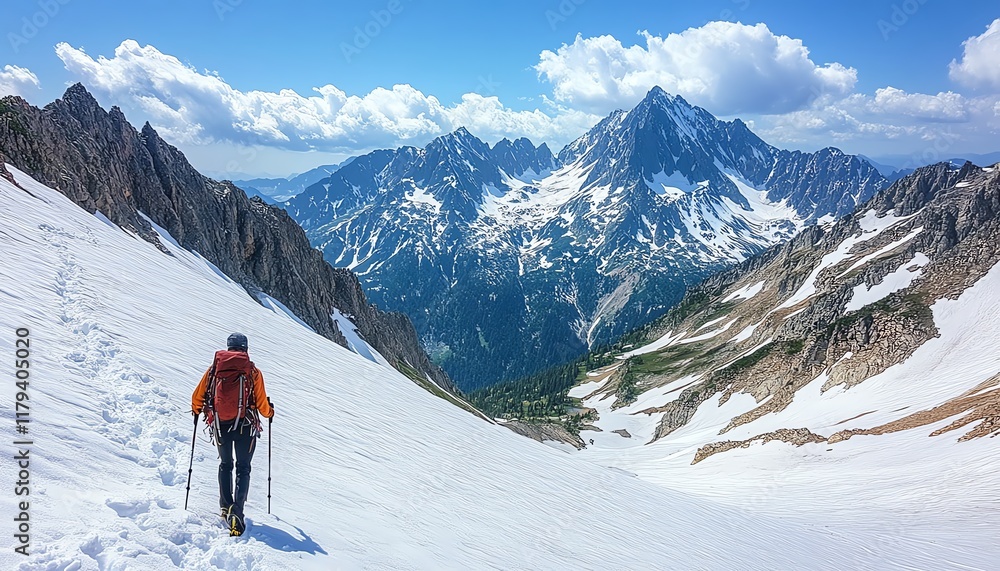 A lone hiker with trekking poles standing on a steep mountain slope, snowcovered peaks towering in the distance, tranquil and aweinspiring scene A lone hiker with trekking poles standing on a steep mountain slope, snowcovered peaks towering in the distance, tranquil and aweinspiring scene