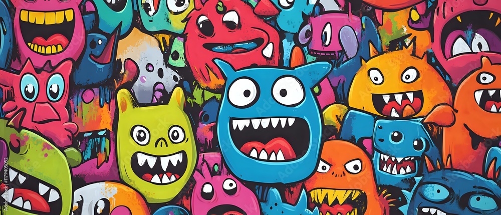Fototapeta premium Vibrant Monster Art: Colorful Creatures with Big Smiles and Grinning Teeth in a Fun, Energetic Style
