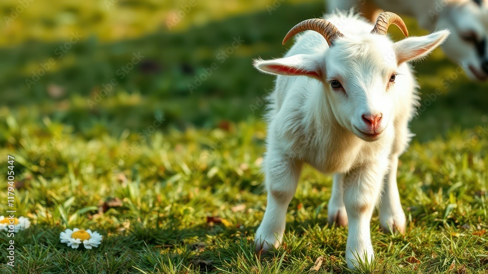 Young goat exploring a green meadow dotted with daisies during a sunny day Young goat exploring a green meadow dotted with daisies during a sunny day