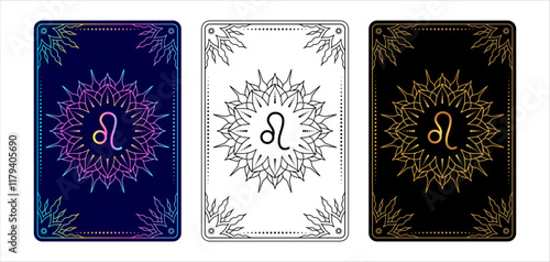 Tarot card with Leo  zodiac sign. Simple line art style.