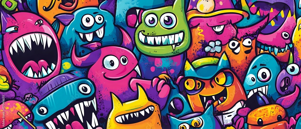 Vibrant Colorful Monsters: A Whimsical, Playful, and Imaginative Graffiti Art Creation Featuring Groovy Cartoon Characters. Vibrant Colorful Monsters: A Whimsical, Playful, and Imaginative Graffiti Art Creation Featuring Groovy Cartoon Characters.