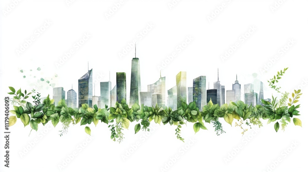 Urban Skyline with Lush Greenery and Watercolor Effect Urban Skyline with Lush Greenery and Watercolor Effect