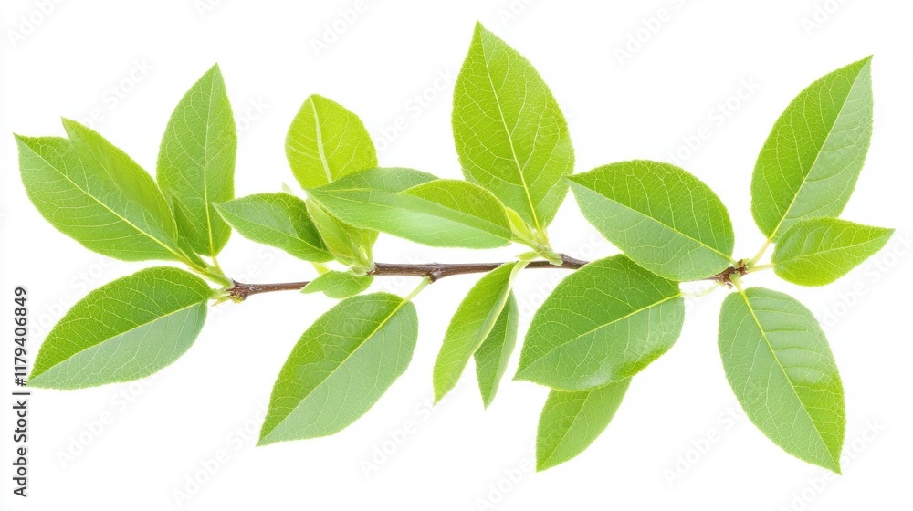 Fresh Green Leaves on Branch Isolated on White Background Fresh Green Leaves on Branch Isolated on White Background