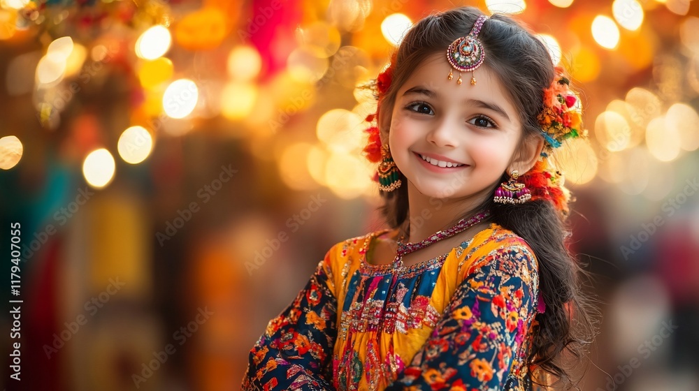 Happy girl, festive lights, smiling, celebration Happy girl, festive lights, smiling, celebration