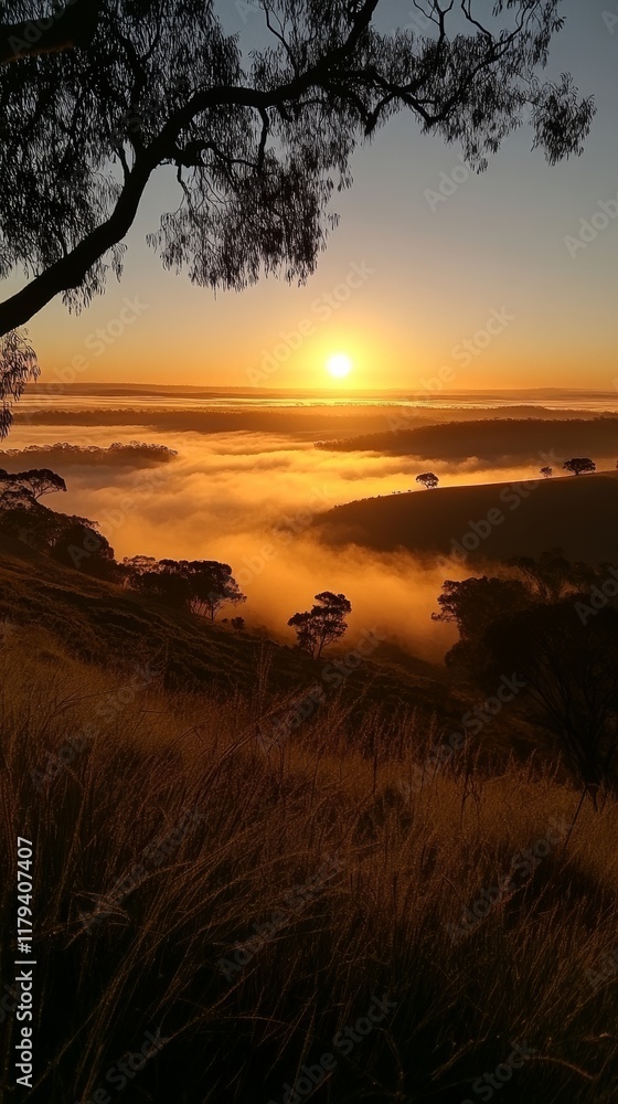 Obraz premium Breathtaking sunrise over misty hills with golden light