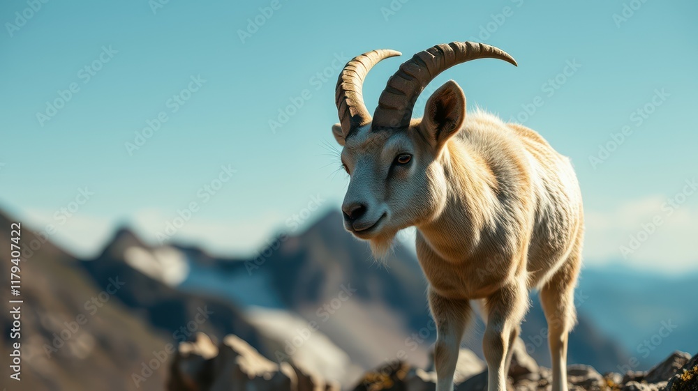 Majestic mountain goat standing on rocky terrain against a backdrop of blue sky and distant peaks during daytime Majestic mountain goat standing on rocky terrain against a backdrop of blue sky and distant peaks during daytime