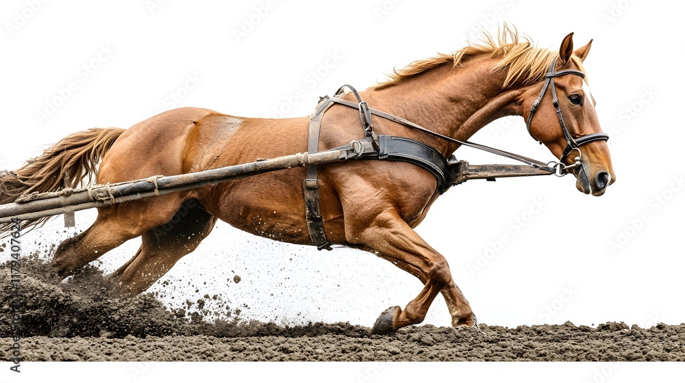 Obraz premium A strong horse pulling a plow in a field, showcasing the beauty of rural life, with earthy tones and a sense of purpose.