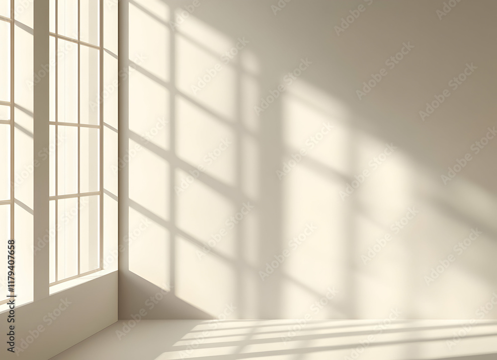 Serene Minimalist Interior with Sunlit Shadows on Neutral Walls in Quiet Elegant Space Serene Minimalist Interior with Sunlit Shadows on Neutral Walls in Quiet Elegant Space