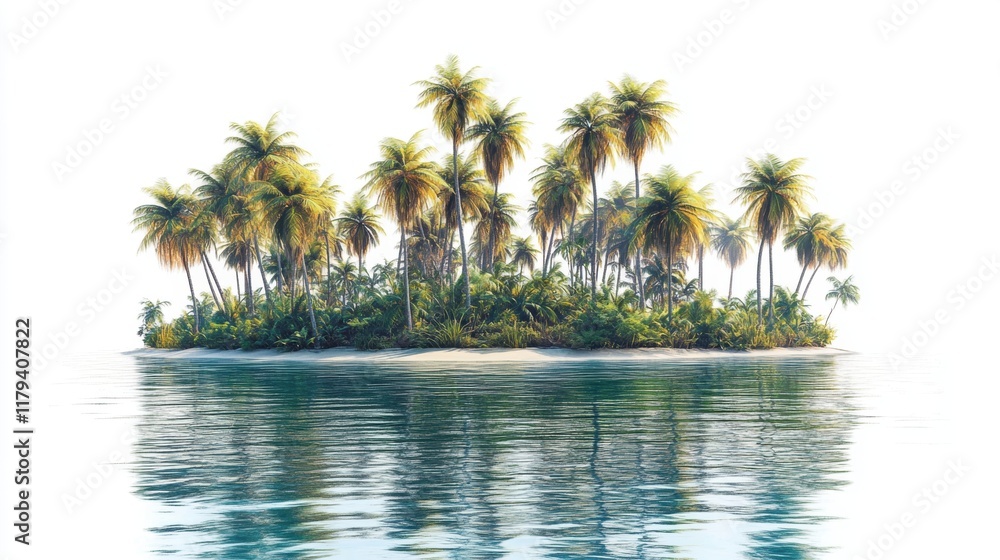 Lush Tropical Island with Palm Trees and Serene Reflection in Water Lush Tropical Island with Palm Trees and Serene Reflection in Water