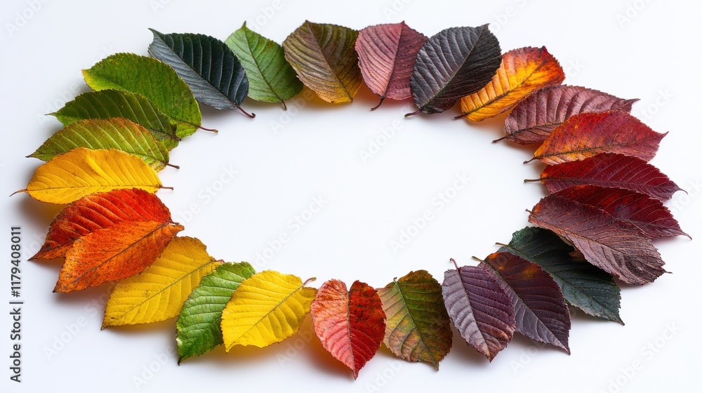 Obraz premium Colorful Autumn Leaves Arranged in a Circular Pattern on White Background