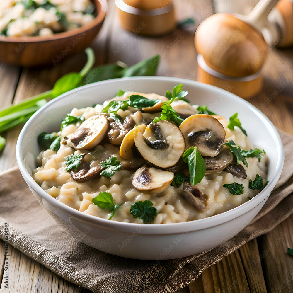 Creamy mushroom risotto with fresh herbs in a white bowl. Creamy mushroom risotto with fresh herbs in a white bowl.