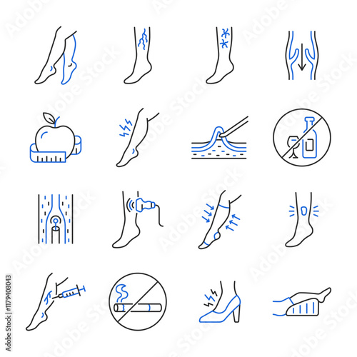 Varicose veins line color icon set. Leg veins thrombosis disease. Treatment, surgery and prevention of varicose veins vector sign with ultrasaund, ulcer, phlebectomy, laser coagulation.