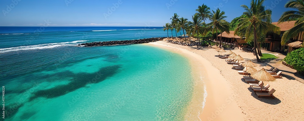 Obraz premium An aerial shot of a stunning tropical beach, turquoise ocean waters, palm trees swaying, deck chairs, and umbrellas creating a serene tropical escape