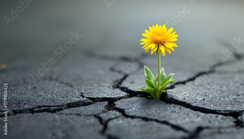 Resilience personified: A yellow dandelion bravely blooms from cracked earth, symbolizing strength and hope amidst adversity