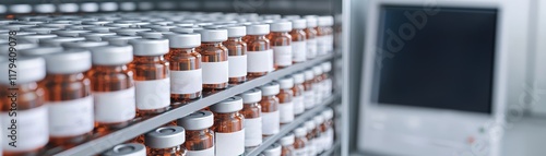 Vaccine efficiency distribution concept. Bottles of pharmaceutical products lined on a shelf in a lab setting. photo