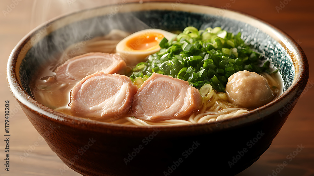 steaming bowl of clear pork noodle soup with tender pork slices, meatballs, and fresh green vegetables arranged harmoniously in a ceramic bowl. steaming bowl of clear pork noodle soup with tender pork slices, meatballs, and fresh green vegetables arranged harmoniously in a ceramic bowl.