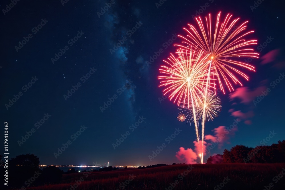 Fireworks exploding in the night sky with festive lights and colorful explosions , colors, explosive Fireworks exploding in the night sky with festive lights and colorful explosions , colors, explosive