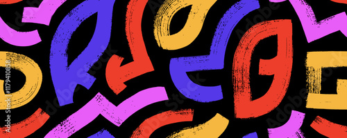 Colorful seamless maze pattern with bold brush drawn lines and organic shapes. Hand drawn thick geometric lines.