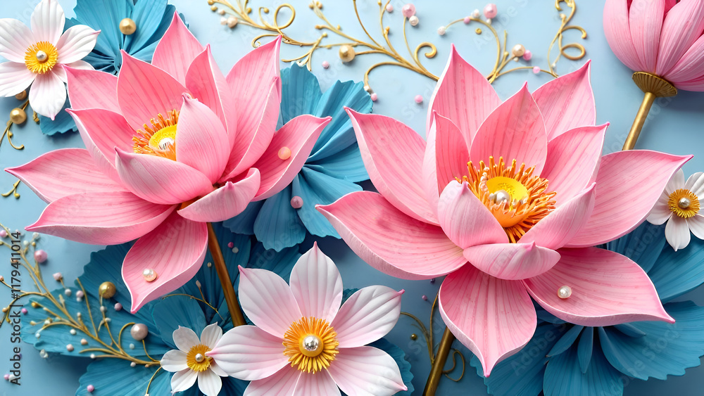 In a captivating scene, a pink lotus flower and a blue lotus flower beautifully coexist against an artistic blue and white background
