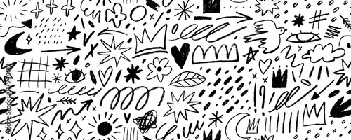 Childish girly style crayon doodle seamless pattern. Hand drawn pencil scribbles, doodle shapes background.