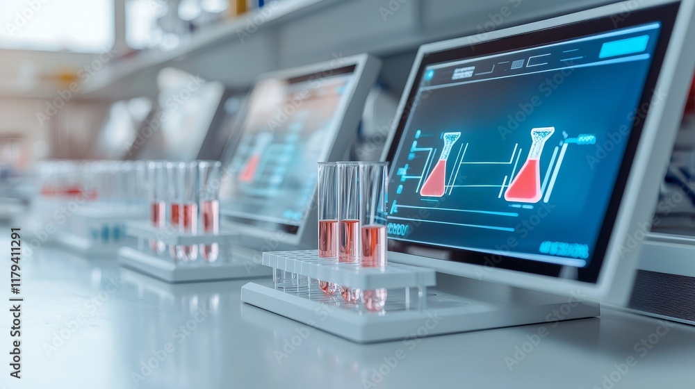 Clinical trial advancement concept. Laboratory setup with test tubes and digital screens displaying data. Clinical trial advancement concept. Laboratory setup with test tubes and digital screens displaying data.