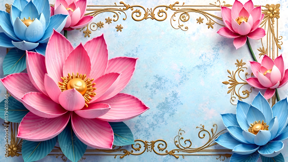 In a captivating scene, a pink lotus flower and a blue lotus flower beautifully coexist against an artistic blue and white background