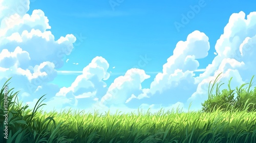 Sunny day, lush green grass field under a bright blue sky with fluffy white clouds.