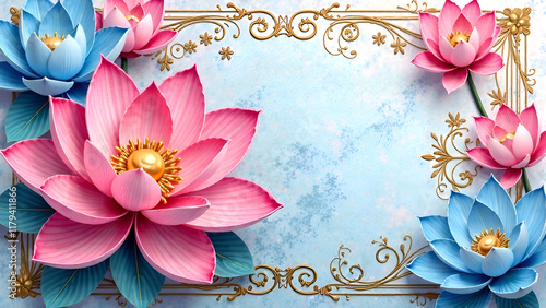 In a captivating scene, a pink lotus flower and a blue lotus flower beautifully coexist against an artistic blue and white background