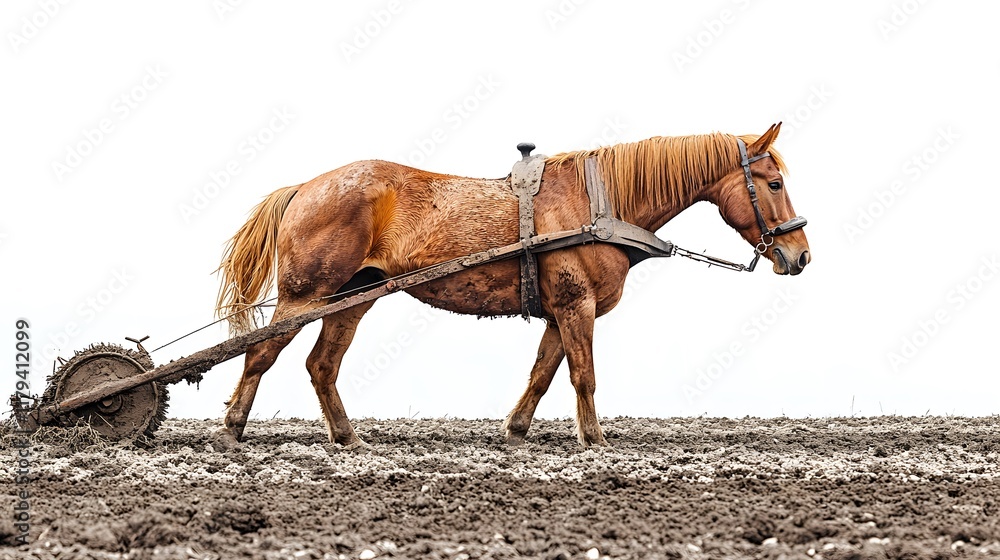 Obraz premium A horse diligently pulls a plow through rich, dark soil, embodying the strength and tradition of farming under a gray sky.