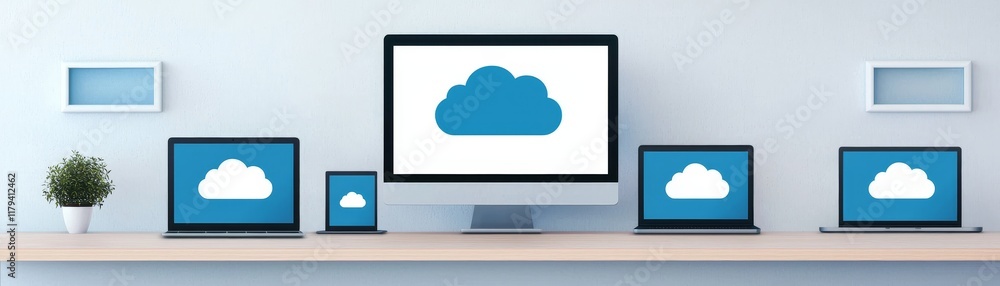 Cloud computing with ecosystem concept. Modern workspace featuring devices displaying cloud technology graphics.