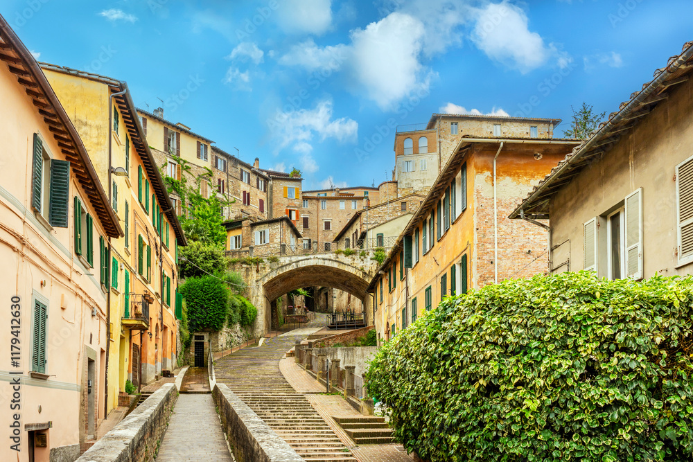 Beautiful Cityscape of Medieval Aqueduct of Perugia, Umbria in Italy