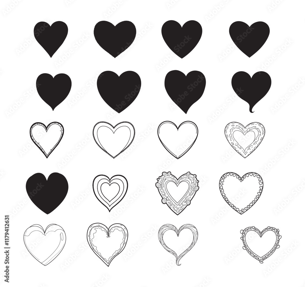 Vector hand-drawn childlike doodle heart icon set. Black stroke on white background. Vector hand-drawn childlike doodle heart icon set. Black stroke on white background.