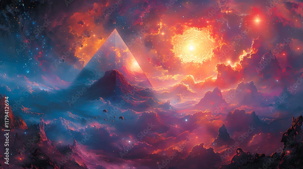 Cosmic Pyramid Over Fiery Alien Landscape Cosmic Pyramid Over Fiery Alien Landscape