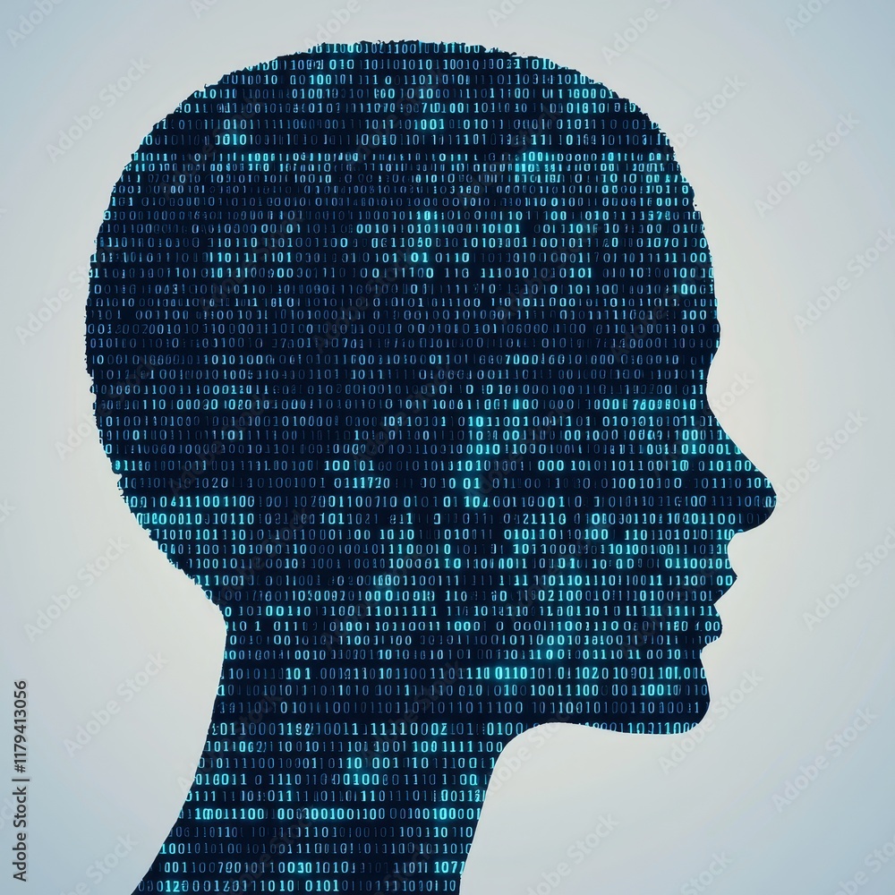 Mental health program. Profile silhouette filled with binary code in a digital art style. Mental health program. Profile silhouette filled with binary code in a digital art style.