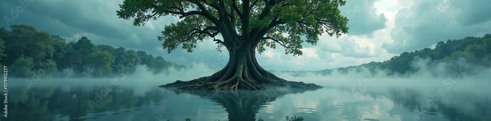 Towering tree roots extend into a misty lake, storm clouds gather above, tree lake storm clouds mysterious, natural wonder Towering tree roots extend into a misty lake, storm clouds gather above, tree lake storm clouds mysterious, natural wonder