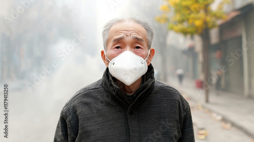 Mask wearer using air pollution mask concept. Elderly man wearing a mask in a smoky urban environment photo