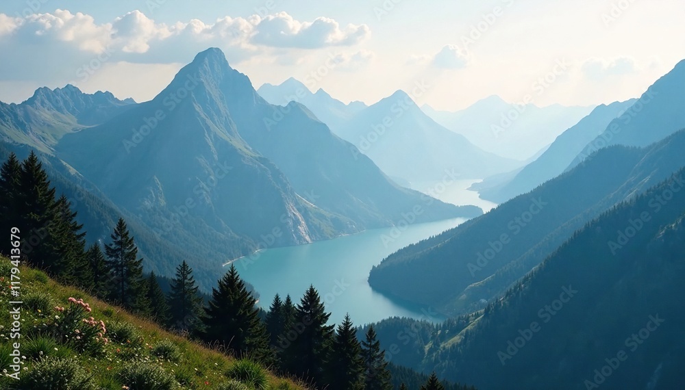 Fototapeta premium Towering mountain peaks fade into misty distance, serene, wilderness, nature