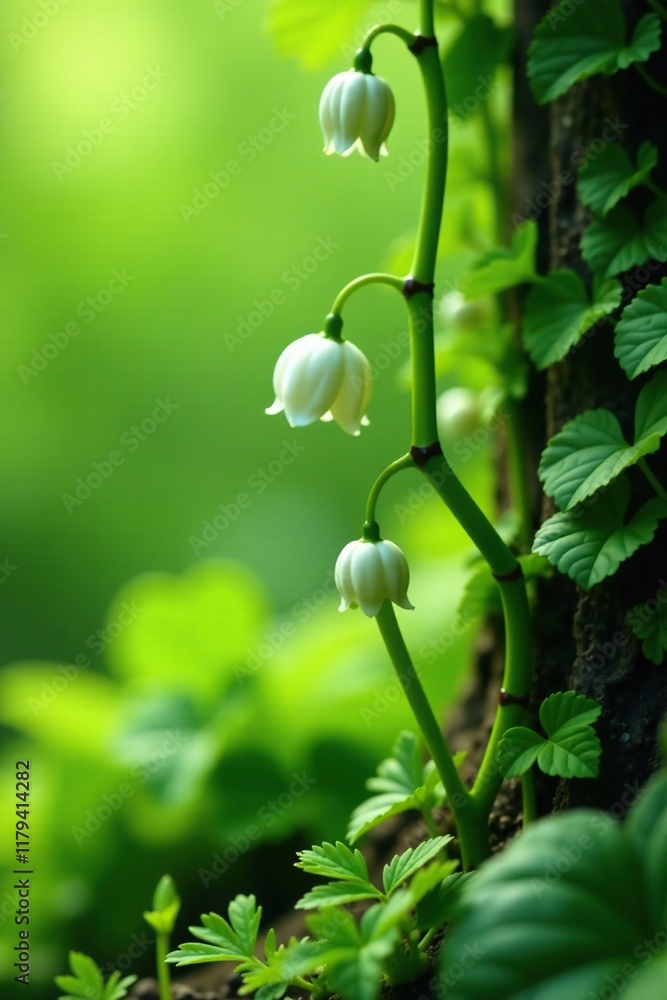 Tendrils of white flowers on vines with black tips against a bright green backdrop, garden, fungi Tendrils of white flowers on vines with black tips against a bright green backdrop, garden, fungi