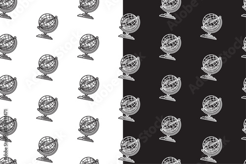earth globe model doodle seamless pattern on black white background set. hatching geographical globe background. globe engraving pattern wallpaper. pattern background with globe ball for adventure