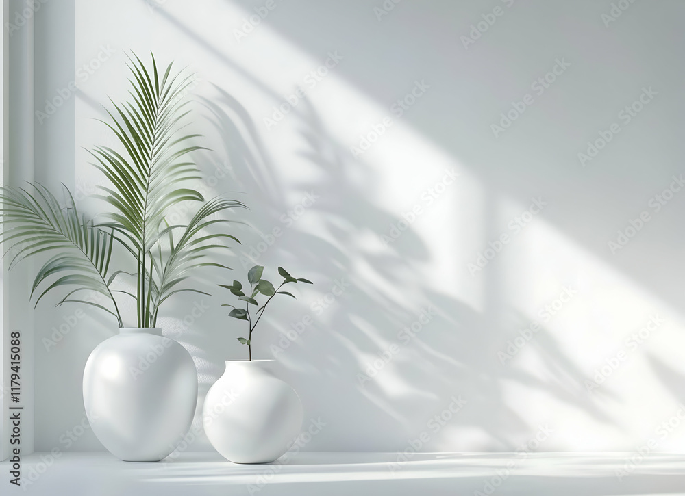 Minimalistic White Vases with Green Plants in Sunlit Modern Interior Decor Minimalistic White Vases with Green Plants in Sunlit Modern Interior Decor