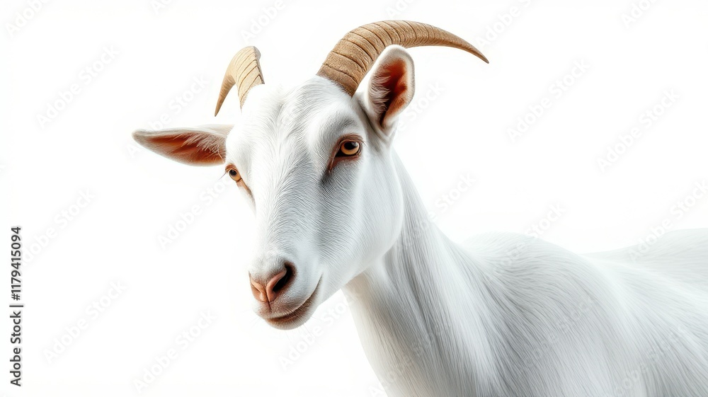 White goat with impressive horns poses against a plain background White goat with impressive horns poses against a plain background