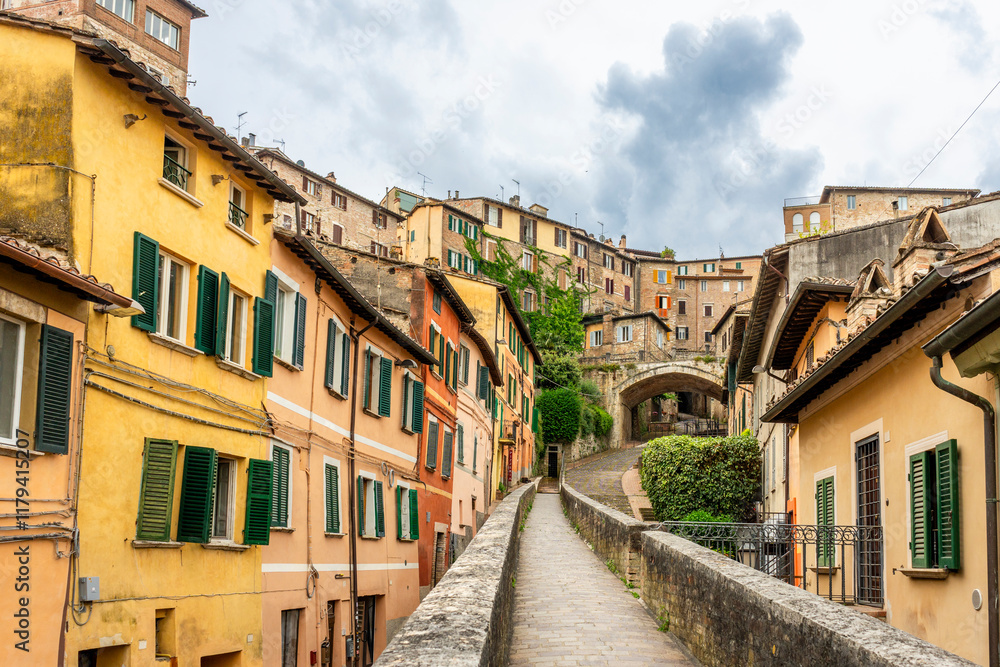 Beautiful Cityscape of Medieval Aqueduct of Perugia, Umbria in Italy
