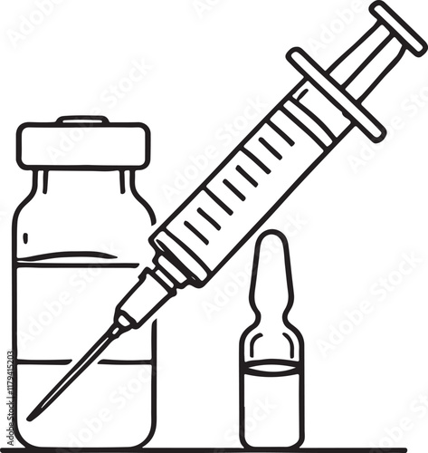 Simple and Clean Medicine Vial and Syringe Line Art Illustration