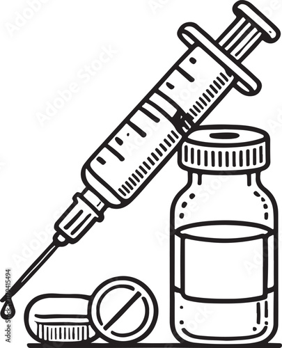 Simple and Clean Medicine Vial and Syringe Line Art Illustration