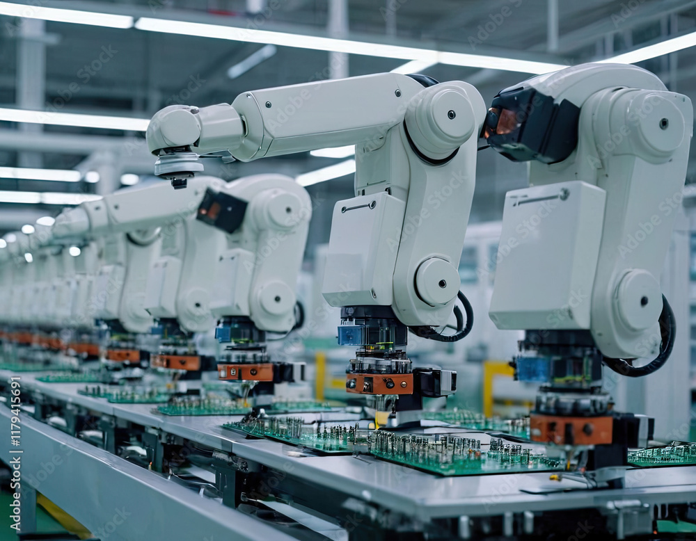 Robotic arms assembling electronic circuits in a modern manufacturing facility. Generative AI Robotic arms assembling electronic circuits in a modern manufacturing facility. Generative AI