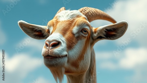 Goat stands against a bright blue sky, showcasing its distinct features and playful expression during a sunny day outdoors photo