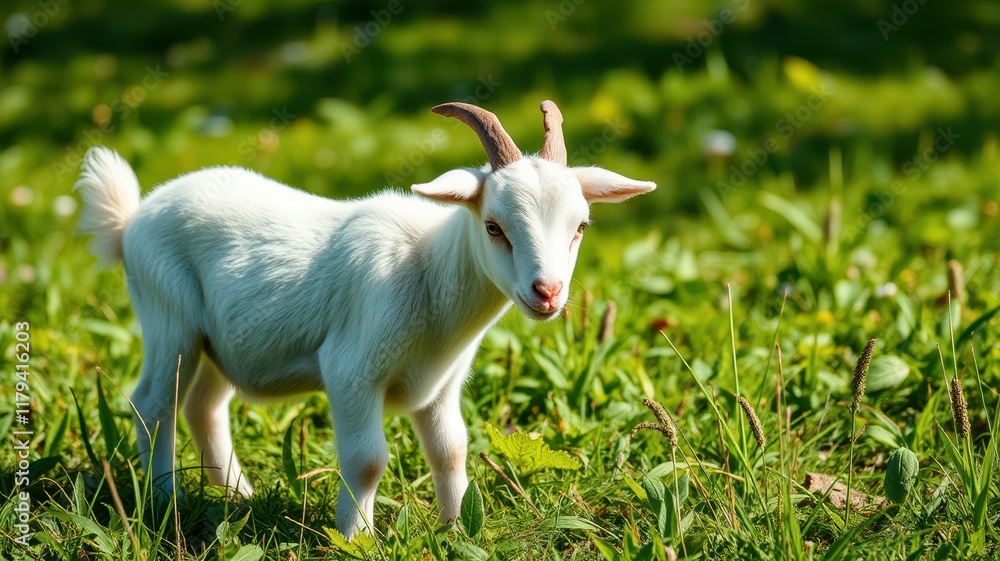 Young white goat grazing in a green field under bright sunlight Young white goat grazing in a green field under bright sunlight