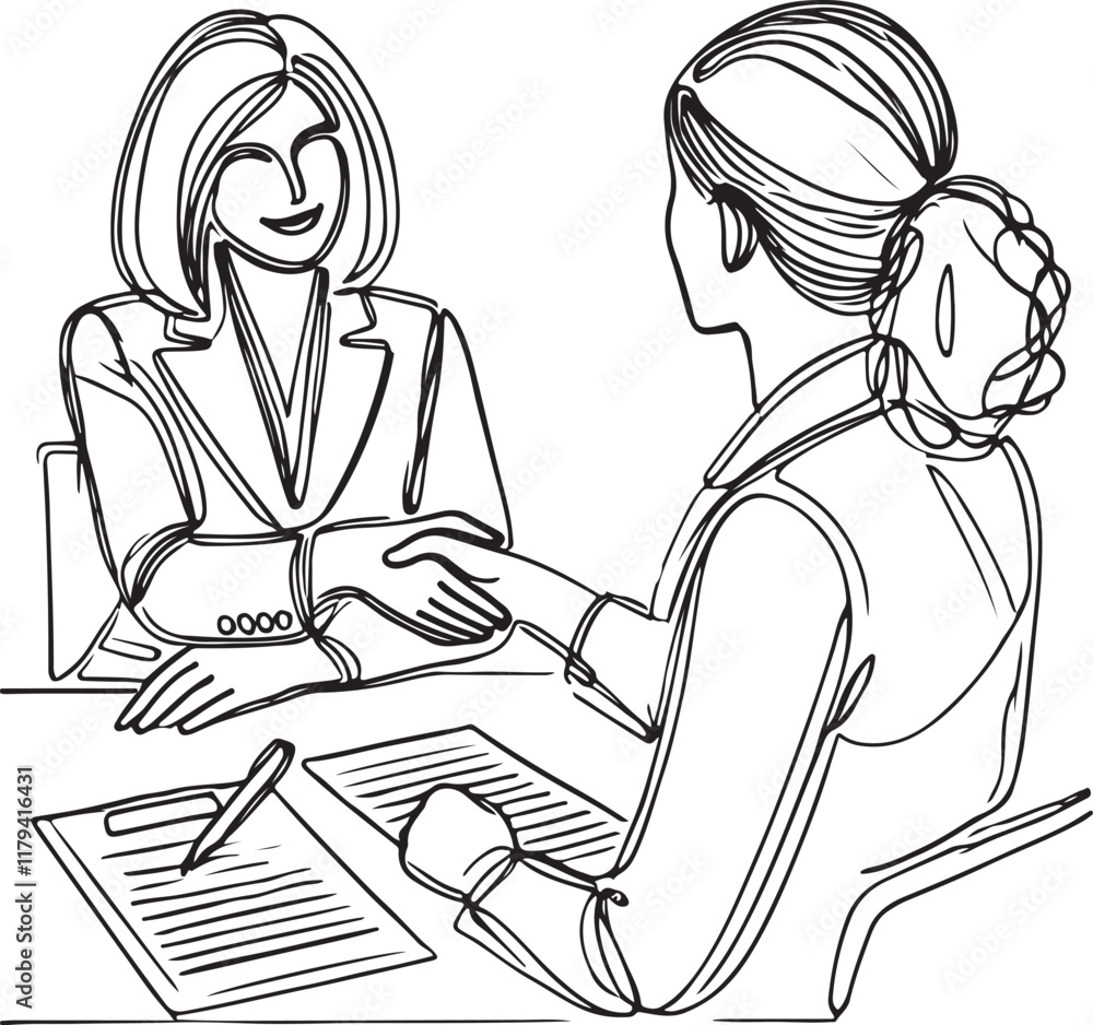 Job Interview Success Line Art of Women Handshaking in Business Setting Job Interview Success Line Art of Women Handshaking in Business Setting