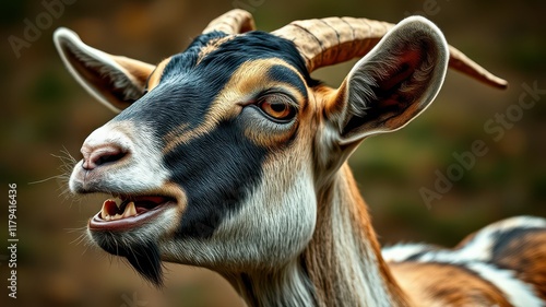 Unique close-up of a goat showcasing its distinct facial features and colors in a natural environment during daylight photo